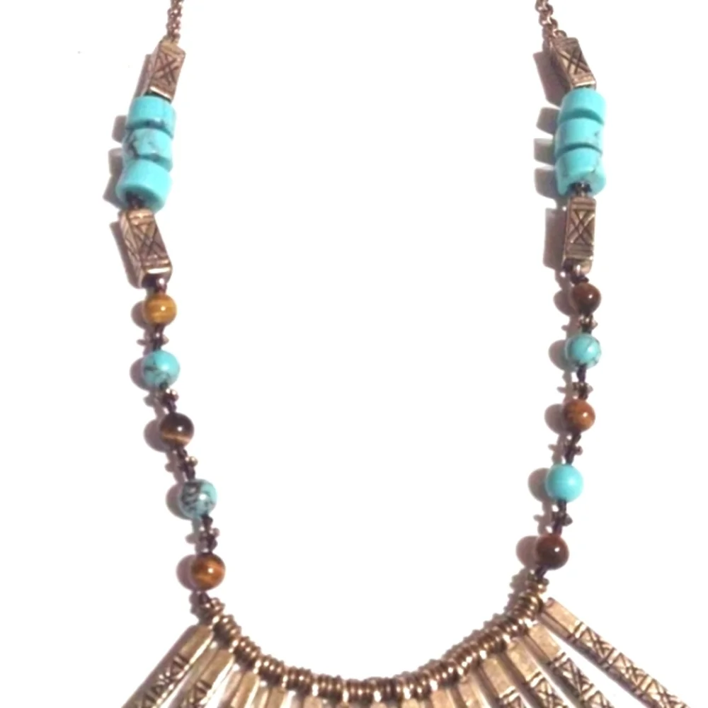 LUCKY BRAND SPIKED BRASS GOLD WITH TURQUOISE ACCENTS TRIBAL 24-26" NECKLACE - Picture 3 of 11